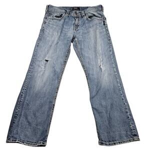 Silver Jeans Gordie 36x30 Distressed Light Wash Denim Straight Leg Loose Faded